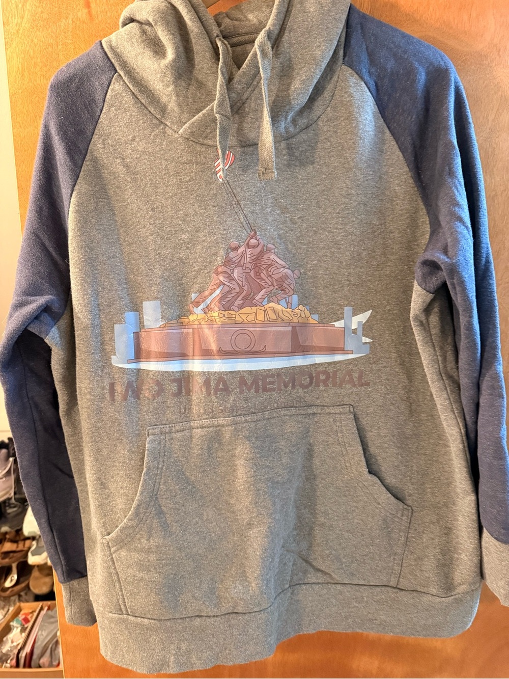 Gray & Navy Raglan Hoodie Sweatshirt  (see description regarding fit)